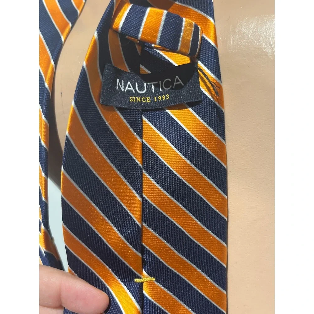 Nautica Mens Silk Necktie Orange Navy Blue White Striped Classic Repp Tie